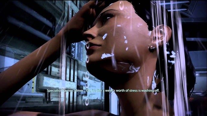 Specialist Samantha Traynor using Shepard's shower in Mass Effect 3. 