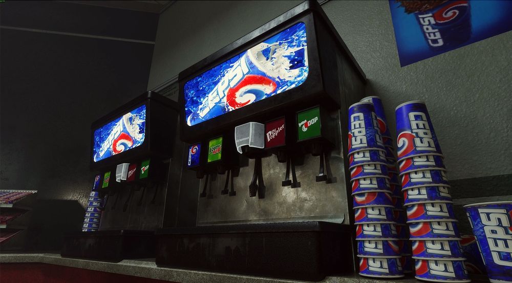 The remastered Cepsi machine from the RTX Remaster. Cepsi, Fountain Brew, Dr Poppler and 7OOP drinks are available.