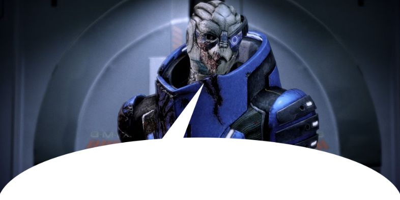 Garrus from Mass Effect 2 on the Normandy with a superimposed speech bubble