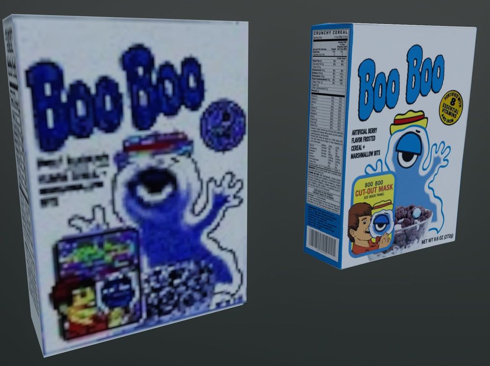 Boo Boo cereal, featuring both the original and remastered models.