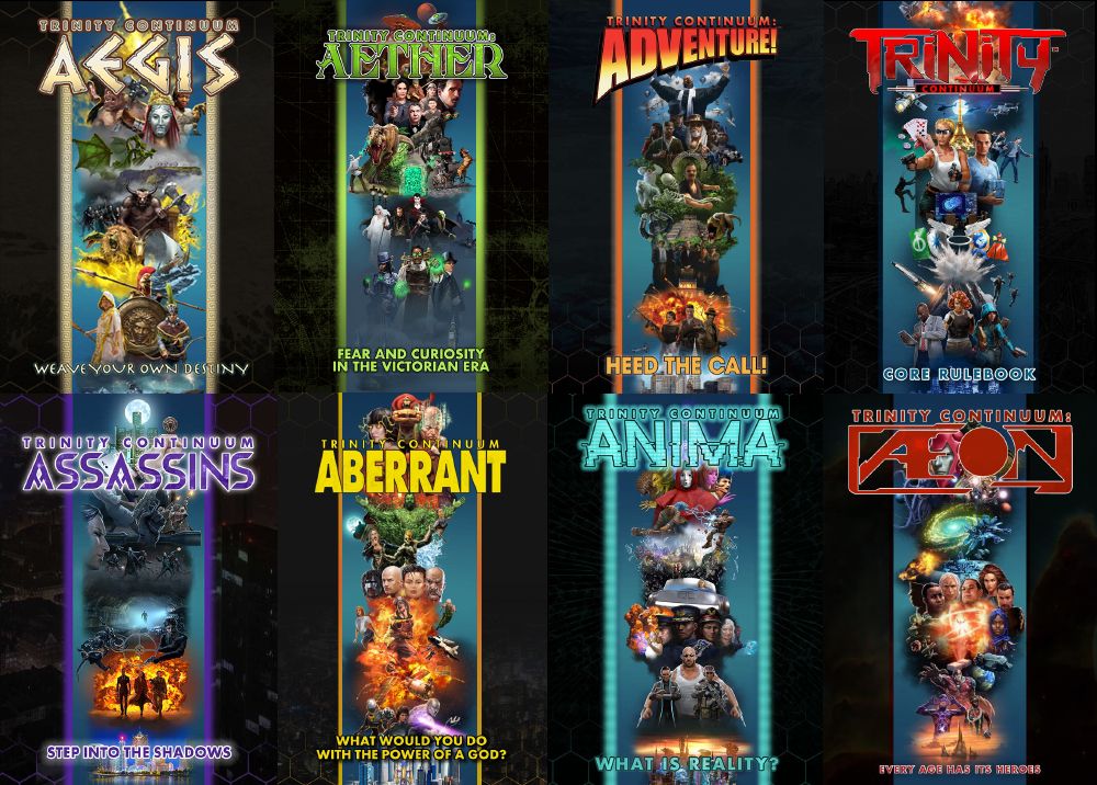An image displaying eight rulebooks:
- Trinity Continuum: Aegis
- Trinity Continuum: Aether
- Trinity Continuum: Adventure!
- The Trinity Continuum Core
- Trinity Continuum: Assassins
- Trinity Continuum: Aberrant
- Trinity Continuum: Anima
- Trinity Continuum: Æon