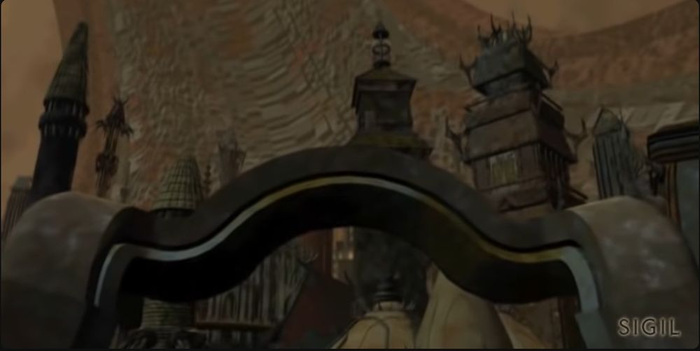 An establishing cutscene of Sigil from Planescape: Torment