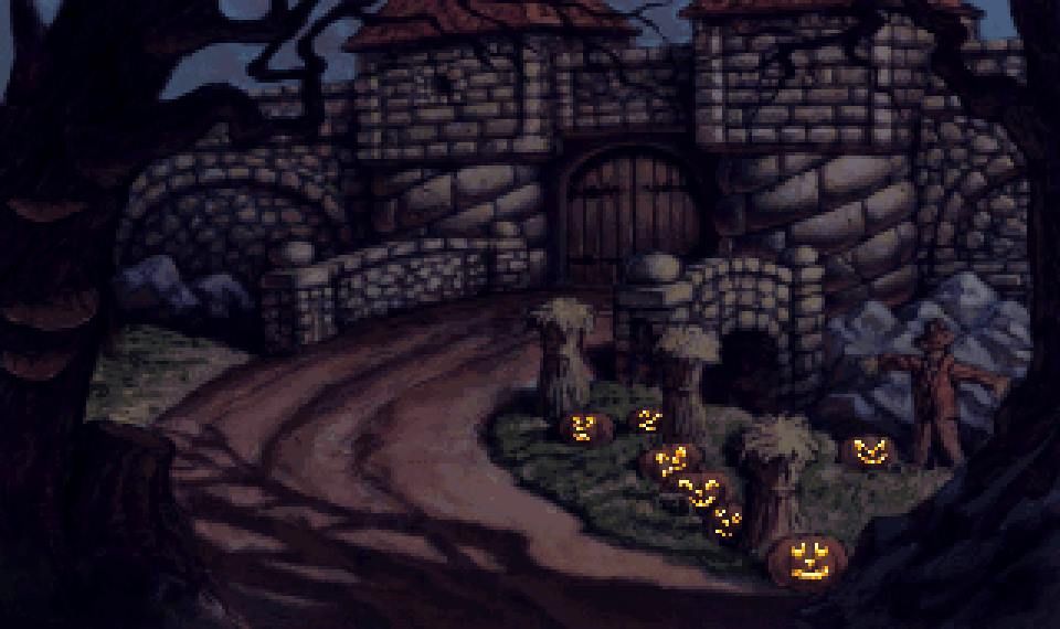 The overlook for Mordavia at night. Pumpkins have gained glowing jack-o-lantern faces.