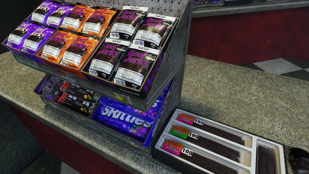 A remastered display from the RTX Remaster. Visible are three varieties of Beef Jerky, Stork peppermint patties, n&n's, and Srittles.