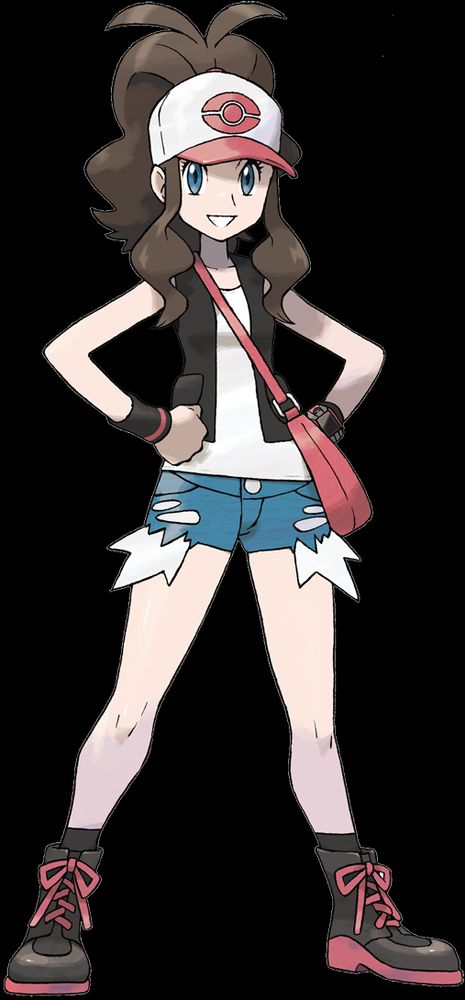 Hilda/Touko from Pokémon Black and White. A 16 year old girl, pale skin, brown hair, blue eyes. Wears a white baseball cap with a red peak and a red pokéball symbol, white sleeveless shirt and black sleeveless jacket, black with red stripe wrist bands, blue cut off jean shorts, black socks, and black and red ankle boots.