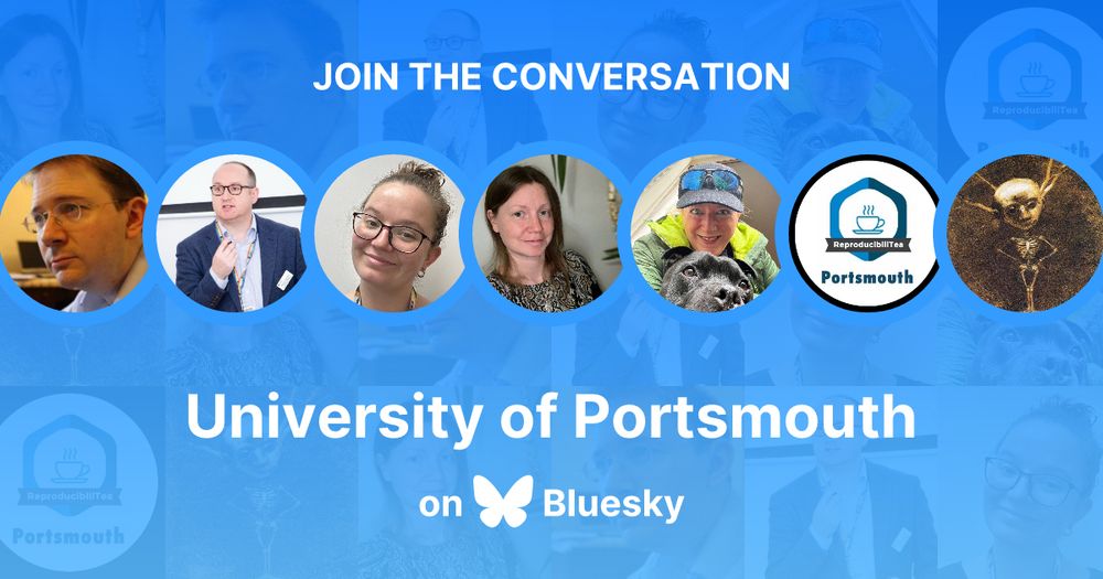 Banner for the Bluesky University of Portsmouth starter pack. It says “Join the conversation; University of Portsmouth on Bluesky” and highlights some of the profile pictures belonging to accounts in the starter pack.