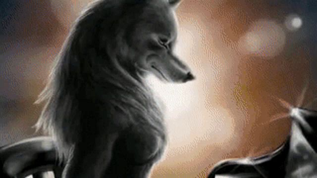 a painting of a wolf standing next to another wolf .