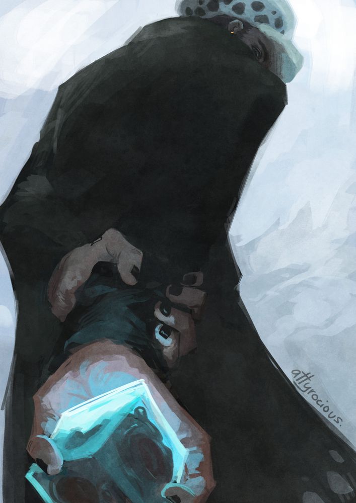 digital painting of one piece character Trafalgar Law with his back facing, clutching a cube with a heart in it