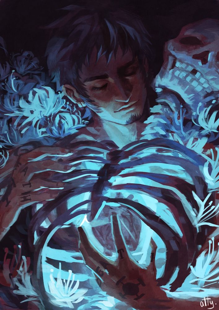Digital painting of One Piece character Trafalgar law bathed in blue light and surrounded by white spiderlilies, holding a skeleton up as he reaches for its boxed heart.
