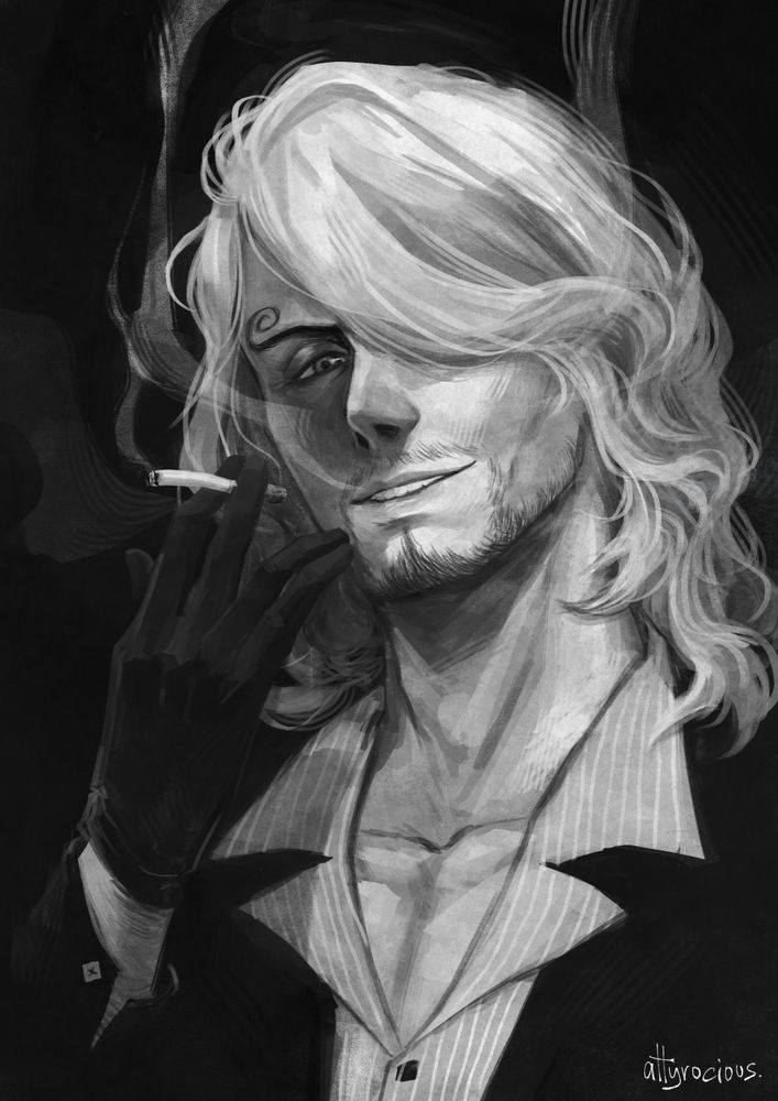 Black and white digital painting of one piece character Sanji in his 40-year-old design with longer hair. He's holding a cigarette in one gloved hand and smirking while looking at the viewer.