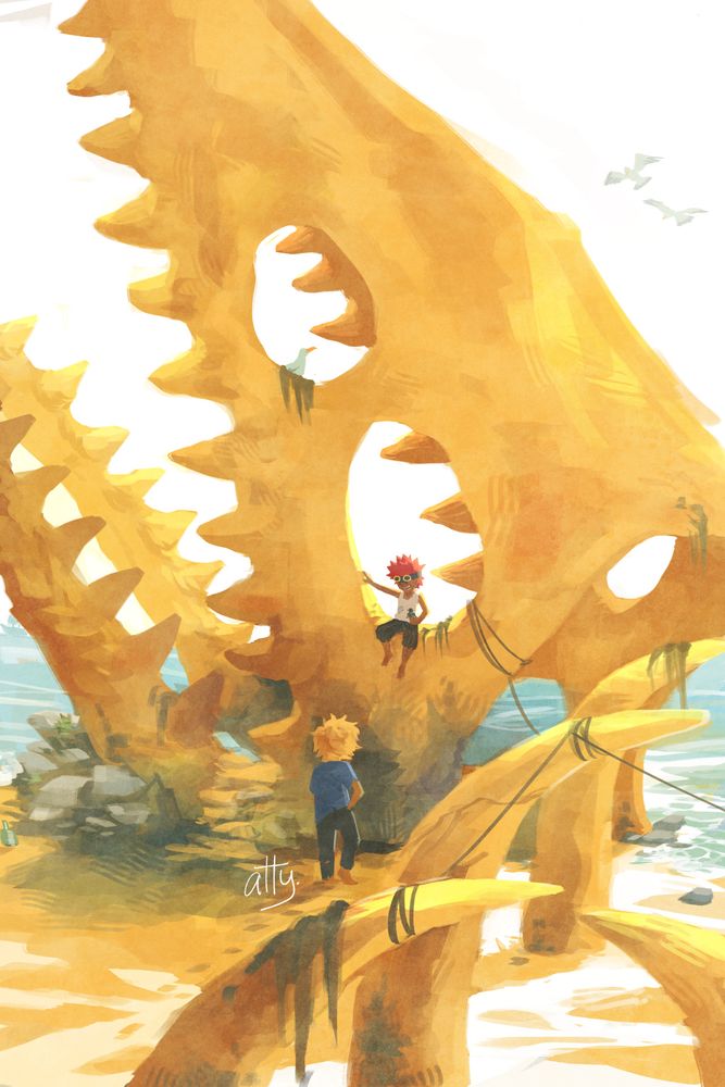A digital painting of One Piece characters Eustass Kid and Killer as children. The skeleton of the sea king seen on Victoria Punk is on a sunny beach with Kidd sitting on its eyesocket as he looks down on Killer.