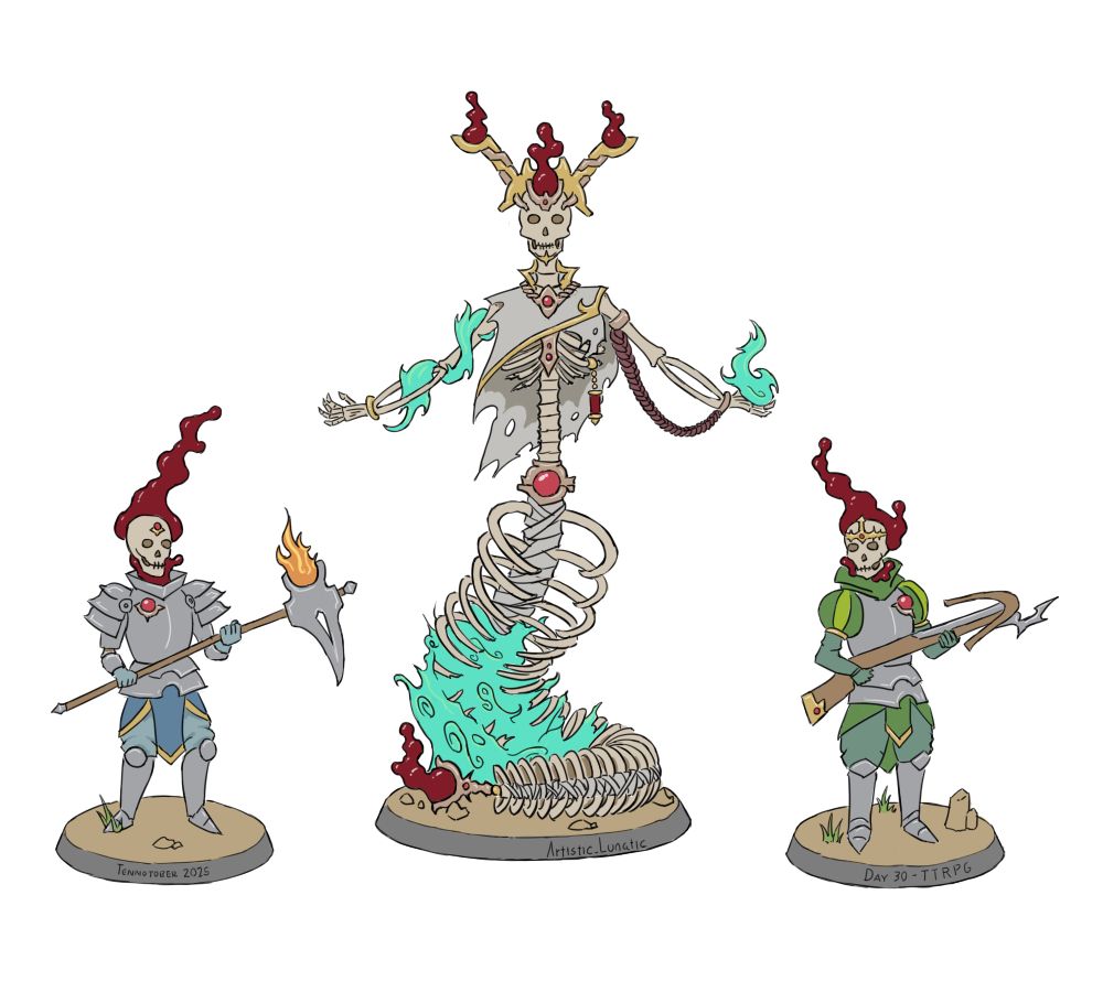 One of the Grineer Queens and two of her Kuva Liches as medieval fantasy TTRPG characters