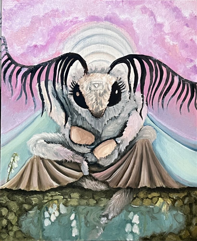 A humanoid moth sitting by a pond with one leg grounded and one leg in the pond. They are holding two cups, pouring the contents of one into the other. The colors are heavily pink, blue and white representing transexuality. This is an interpretation of the tarot card Natural Balance, which commonly depicts a person in the same scenario, which is neither man nor woman. Or perhaps both. Androgynous and gender bending symbolism has always been present in the tarot. 