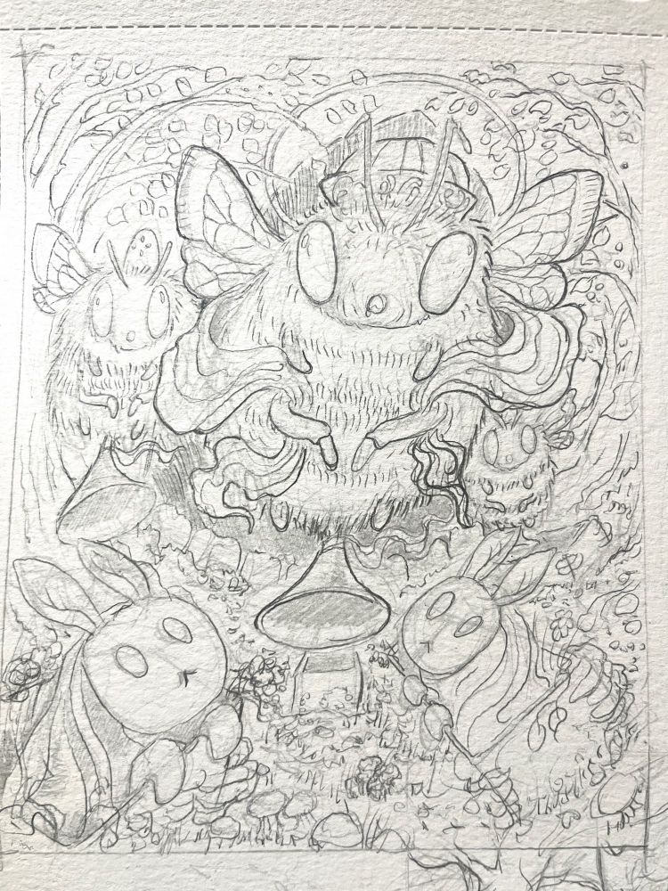 Sketch inspired by the Judgement tarot card. Depicts 3 bumblebees with butt trumpets, calling out to little forest creatures with bunny masks in caskets. They are scattered in the woods which is beaming swallowed up by a void in the background. Still a sketch/work in progress 