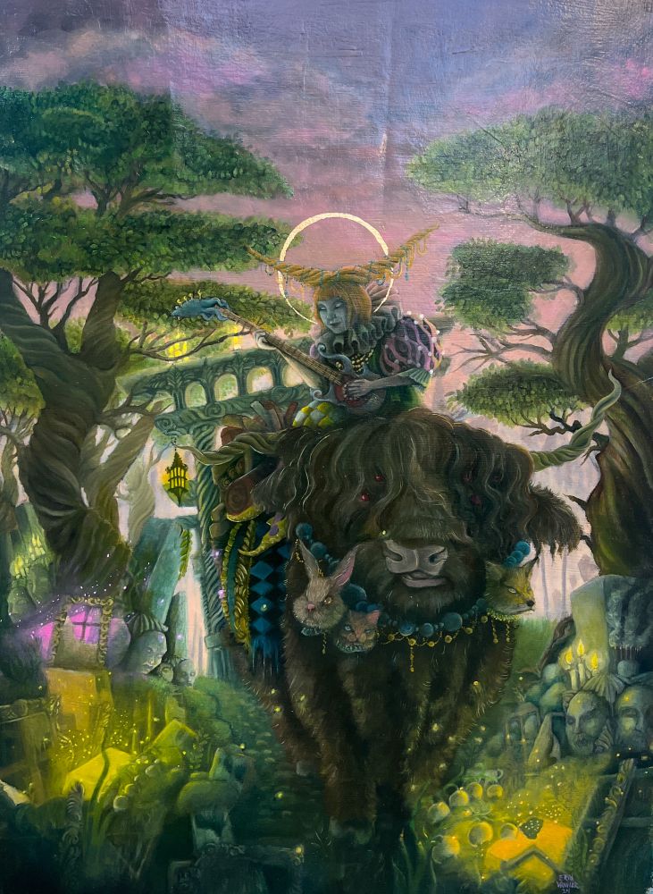 Jester playing a stringed guitar like instrument riding on top of a highland cow down a Forrest marked with graves and broken artworks 