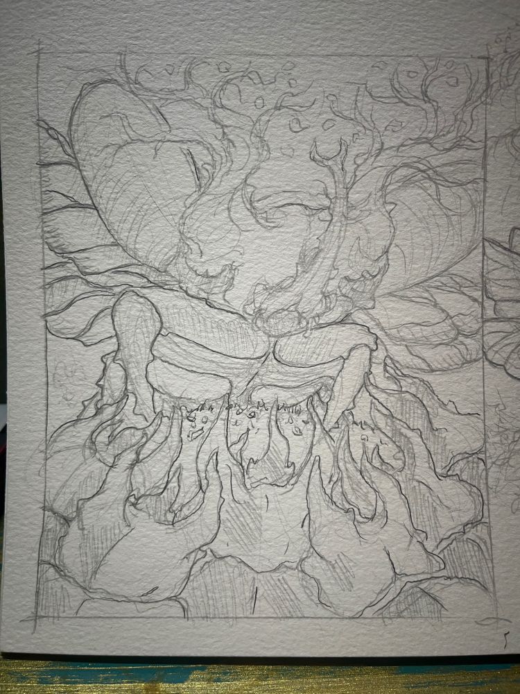 Graphite sketch of an Atlas beetle with trees for horns standing on a hill, facing off 6 tooth headed 