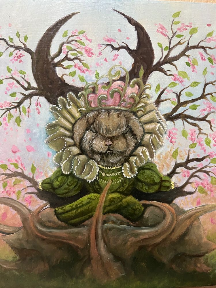 Oil painting in progress of a bunny queen sitting on a tree throne with pink flowers. The throne sits upon a 3 headed atlas beetle. 