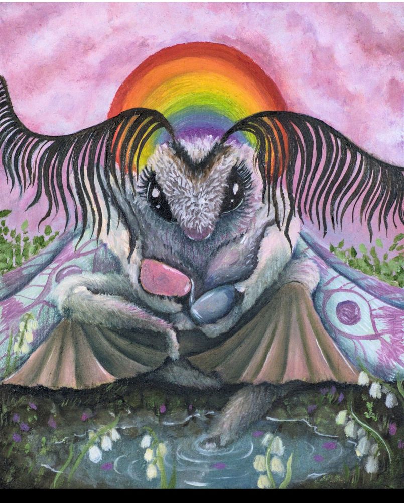 Oil painting of a moth sitting by a pond. This painting is a personal interpretation of the Temperance tarot card. I decided to put a rainbow in the back and use the trans flag colors more heavily here, to emphasise the balance and fluidity between genders, as also in the traditional card, the character is seen as being without any gender or both. 