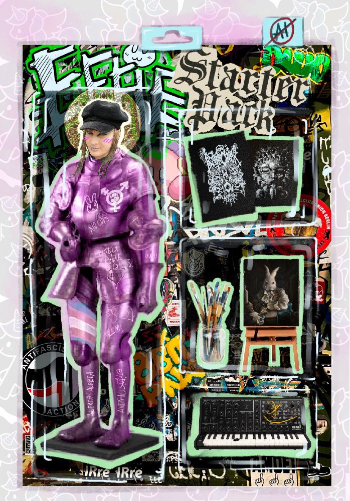Starter pack collage with artist in pink armor with tags, a Synthesizer on the left, canvas and jar of brushes in the middle, patches on top. Backing is stickerbombed and tagged. 