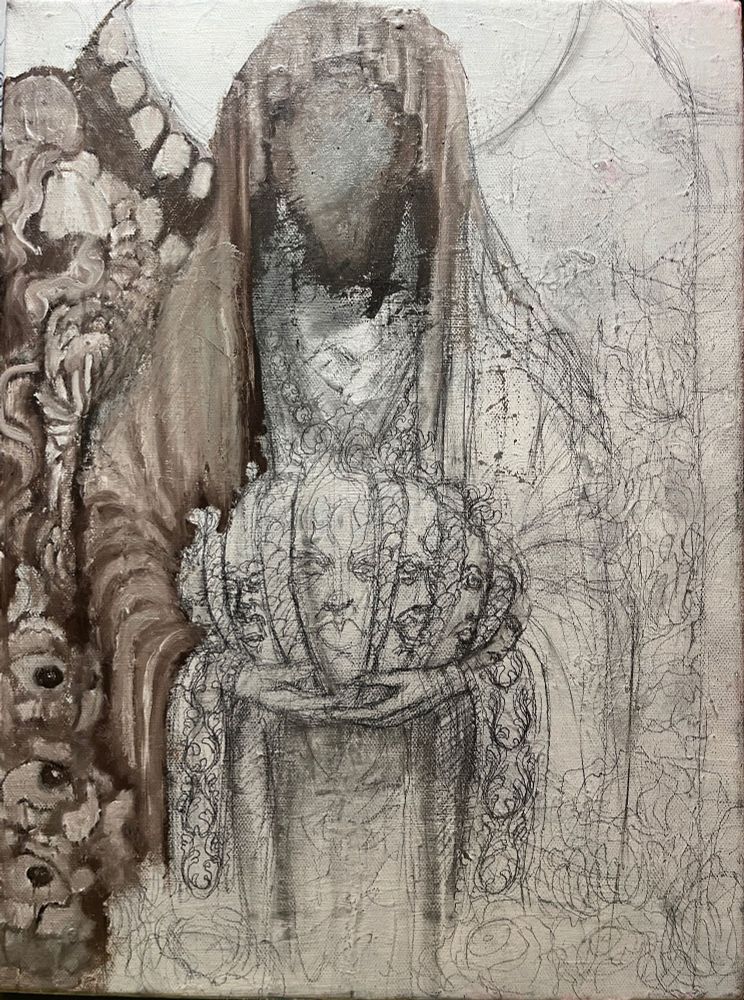 Under painting in progress of a robed creature holding a sphere of faces split into parts. The background is filled with flowers 