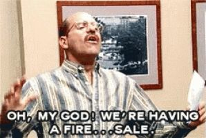 Tobias from Arrested Development dramatically reading, "oh my God, we're having a fire... sale "