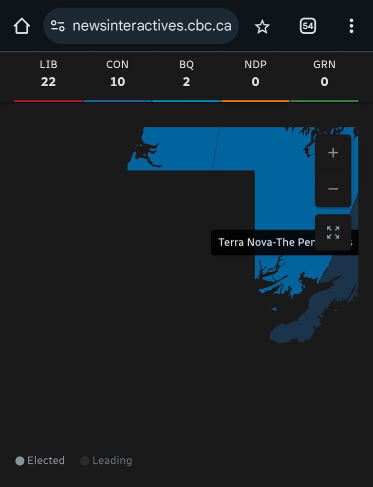 CBC election watch website, showing part of Newfoundland, but the majority of the map tiles are blank.