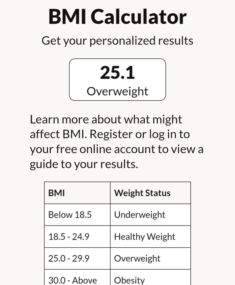A screenshot of the results of a BMI calculator which shows I have a BMI of 25.1, and a table showing that a BMI over 25.0 is overweight. 