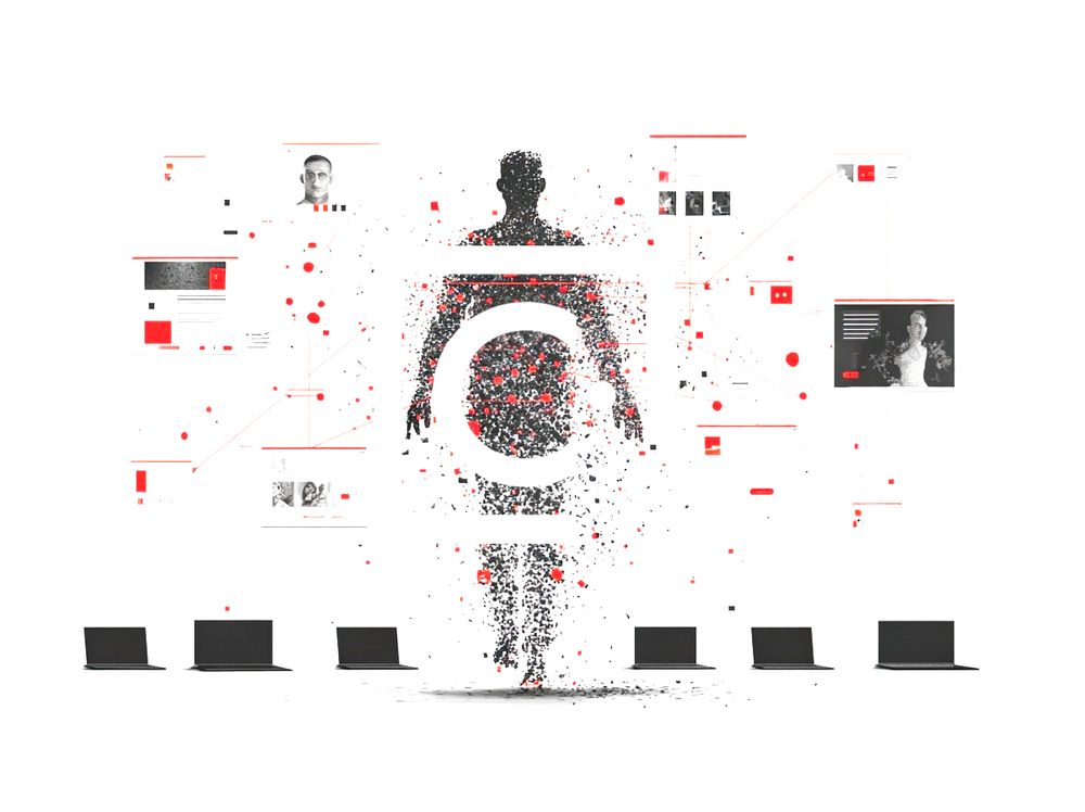 Our cover depicting "Operation Overload", featuring a blurry silhouette alongside screenshots and laptops.