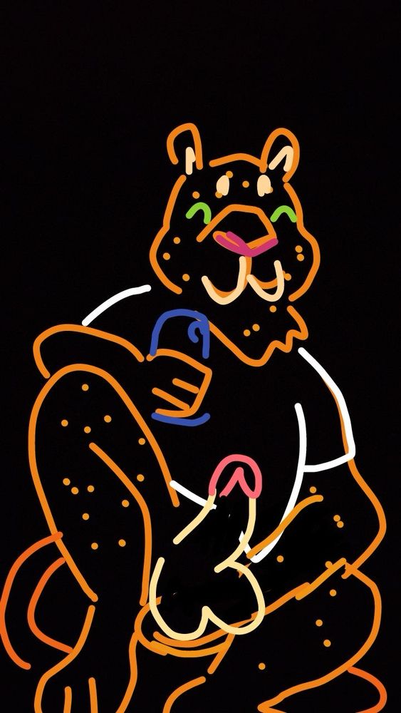 Digital doodle of squatting Orange Jaguar in tee shirt and no pants presenting his dick and large balls as if taking a selfie with his phone  