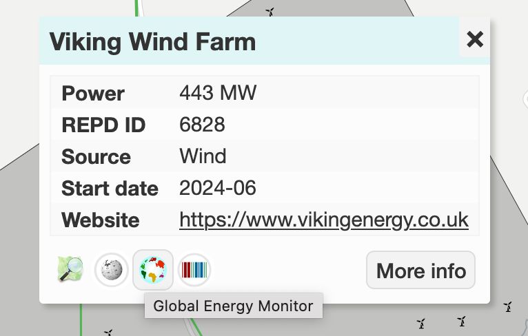 An image of a popup on Open Infrastructure Map showing a new icon linking to Global Energy Monitor
