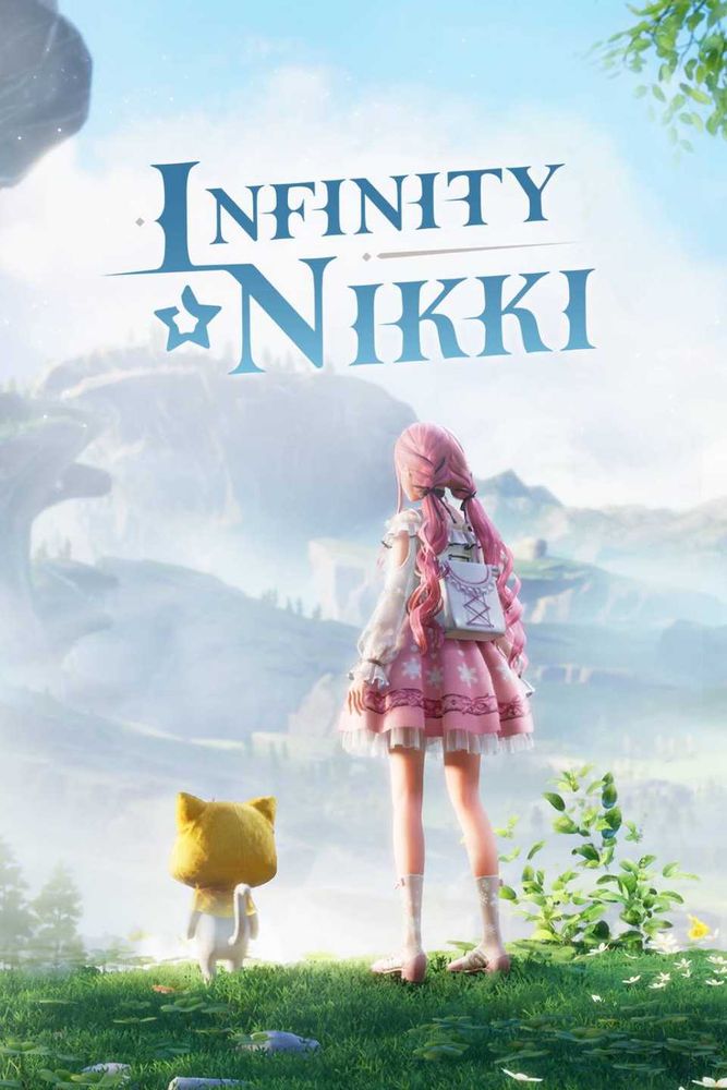 The cover art for "Infinity Nikki" Showing the lead - a pink haired girl in a white shirt, backpack, and pink skirt looking over a misty landscape with mountains and greenery. Next to her is a white cat standing on two legs with a yellow hood with cat ears.