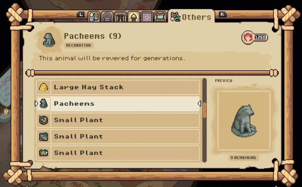 Roots of Pacha screenshot. A stone statue of a dog named Pacheems has the description "This animal will be revered for generations."