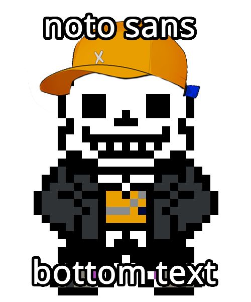Sans from Undertale dressed like Gin Noto from The Caligula Effect 2. Caption reads "noto sans" on the top and "bottom text" as the bottom text.