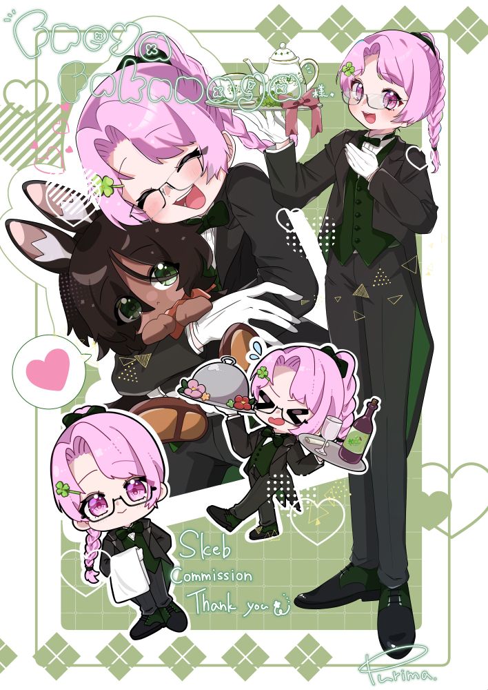 A collage of butler Freyas, which is normal Freya but with a single high ponytail (still in a braid), a three-piece-suit with a tailcoat and green vest, and glasses. To the right, she is holding a tray of tea. In the center, she is struggling to balance two trays, one with a drink and one with a cloche. In the bottom left, she looks neat and professional in chibi form. The main illustration is her cuddling a chibi of her beloved boyfriend Edd, who, if you look closely, is in a maid outfit.
