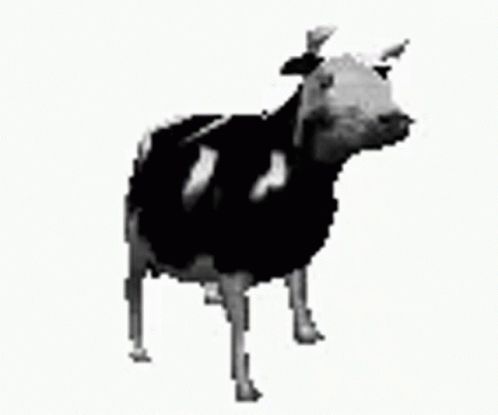 a black and white cow is standing on a white background in a pixel art style .