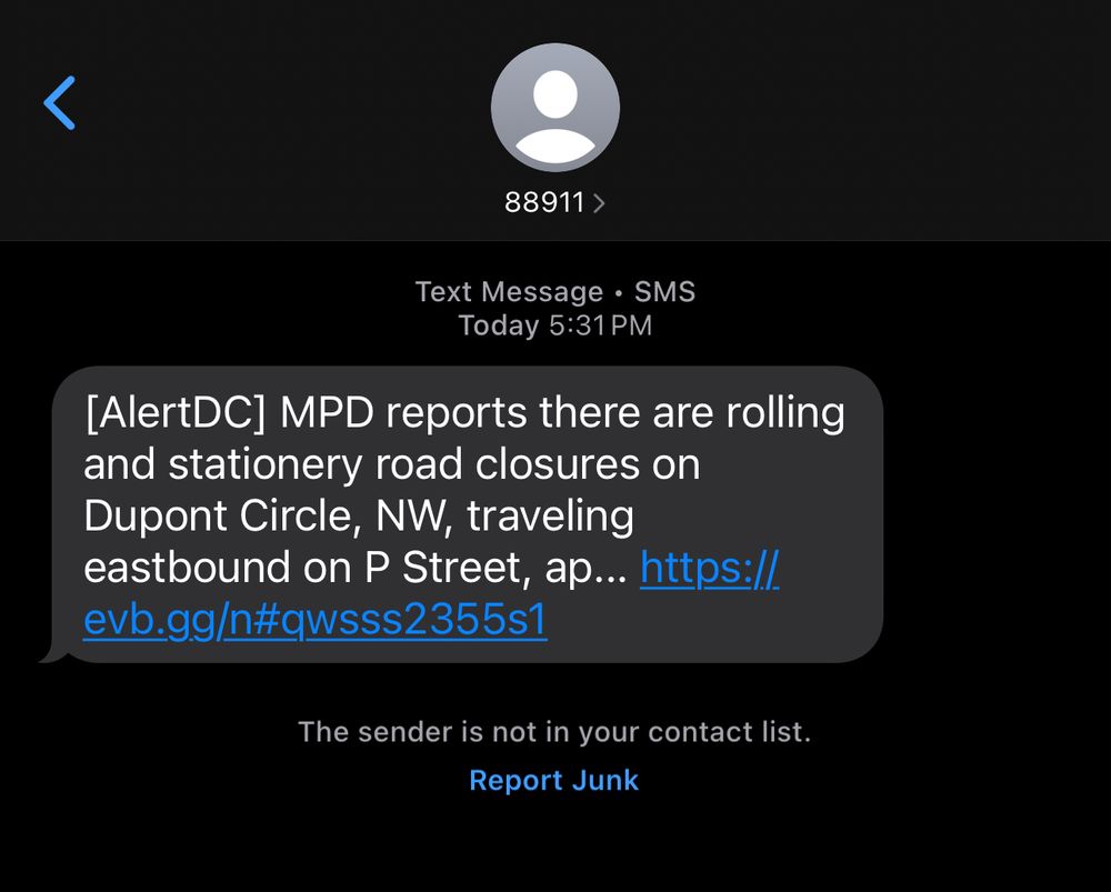 Screenshot of an alert text from MPD on rolling street closures around DuPont Circle in DC