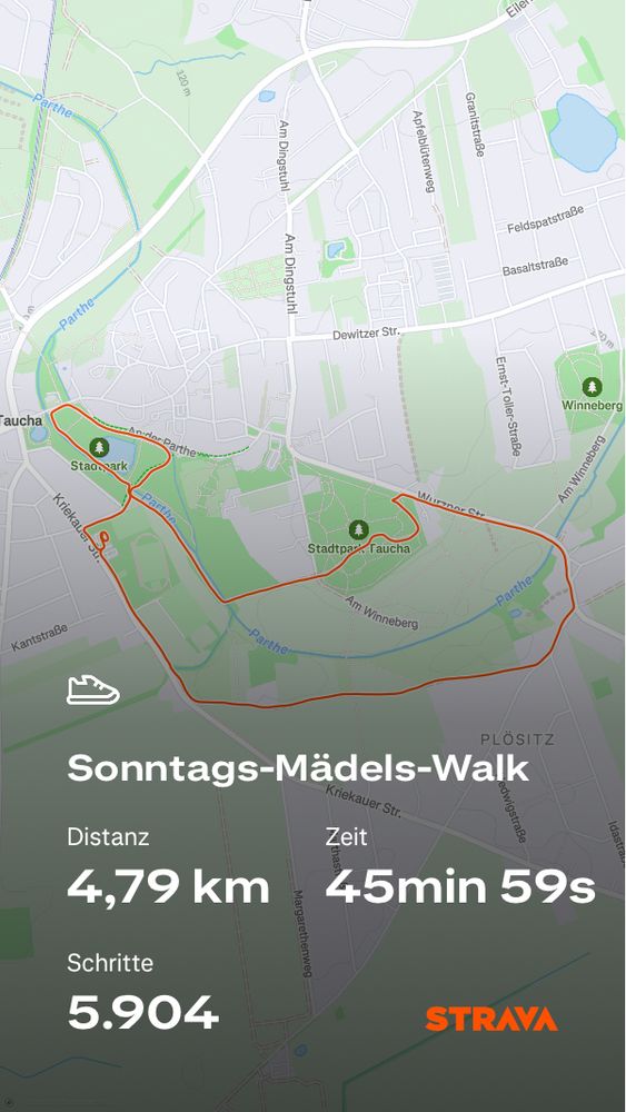 Karte mit eingezeichneter Strecke der gelaufenen Walking-Runde und der dazu gehörenden Daten von Strava 
