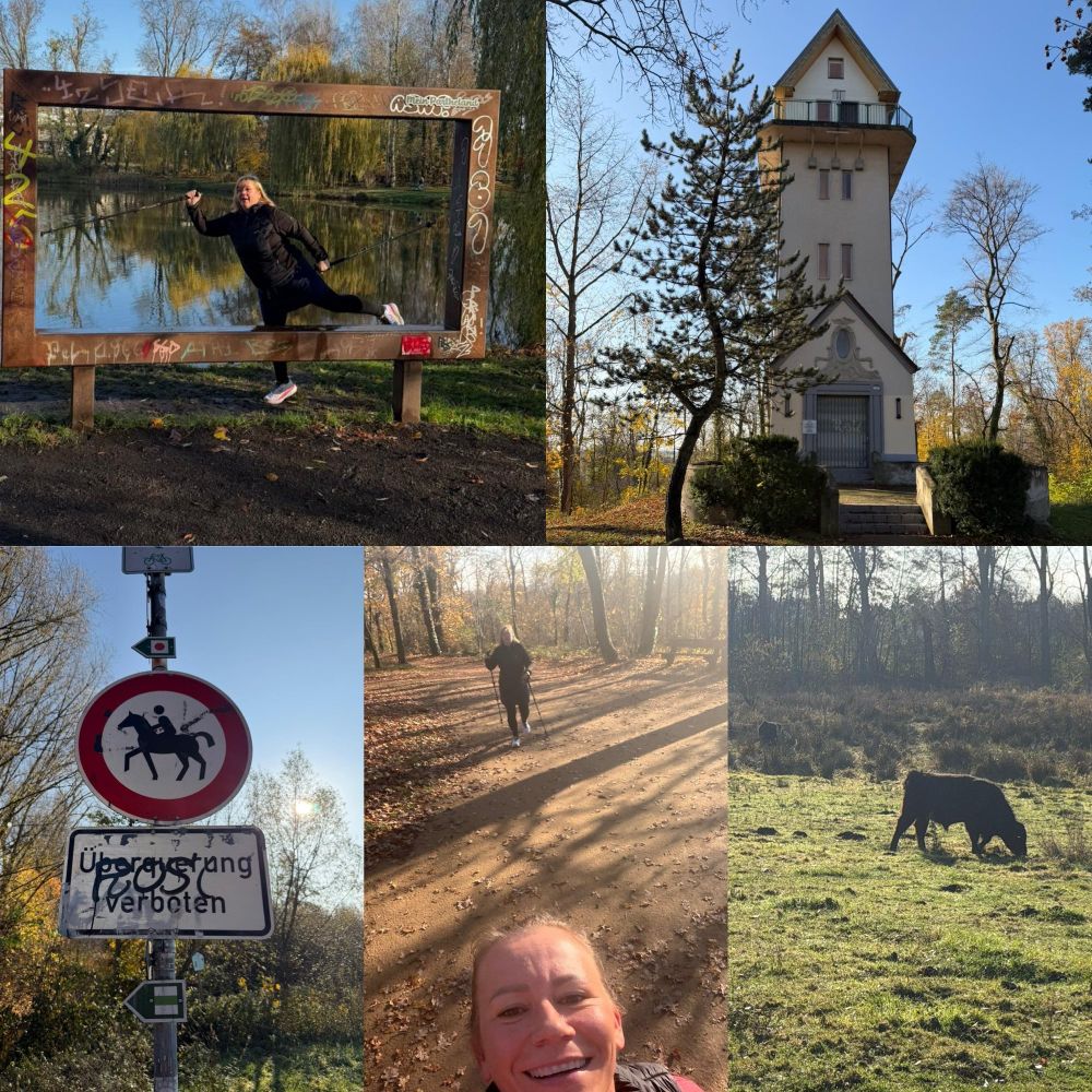 Zusammenstellung von 5 Bildern der Walkingrunde 
1. Bilderrahmen mit Person vor einem Teich
2. Turm im Stadtpark von Taucha 
3. Verkehrsschild Reiter verboten mit dem Hinweis Überquerung verboten 
4. 2 Personen beim walken (Vordergrund Gesicht einer Frau / Hintergrund eine Frau beim walken)
5. Stier auf einer Weide 