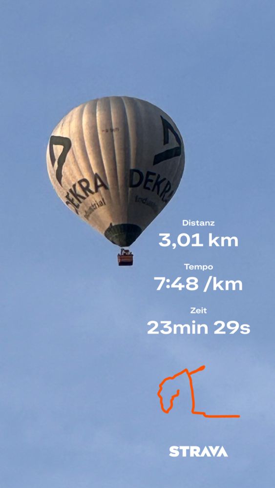 Heißluftballon am Himmel mit Laufdaten auf der rechten Seite des Bildes 