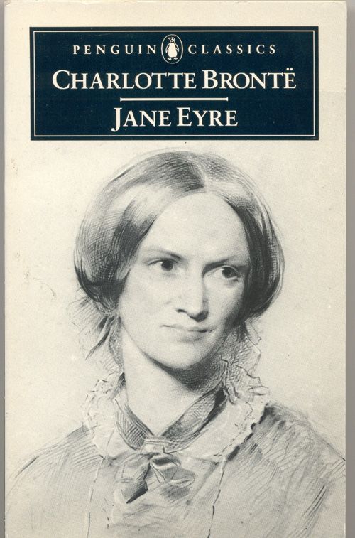 The Penguin Classics copy of Jane Eyre, written by Charlotte Bronte, with a sketch of a fair-skinned woman with a plain hairdo.