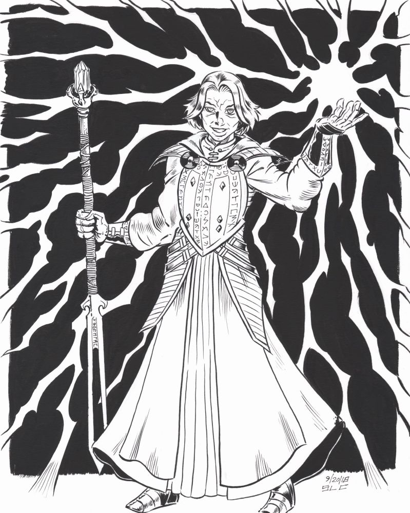 A drawing of a male mage casting a lightning spell.