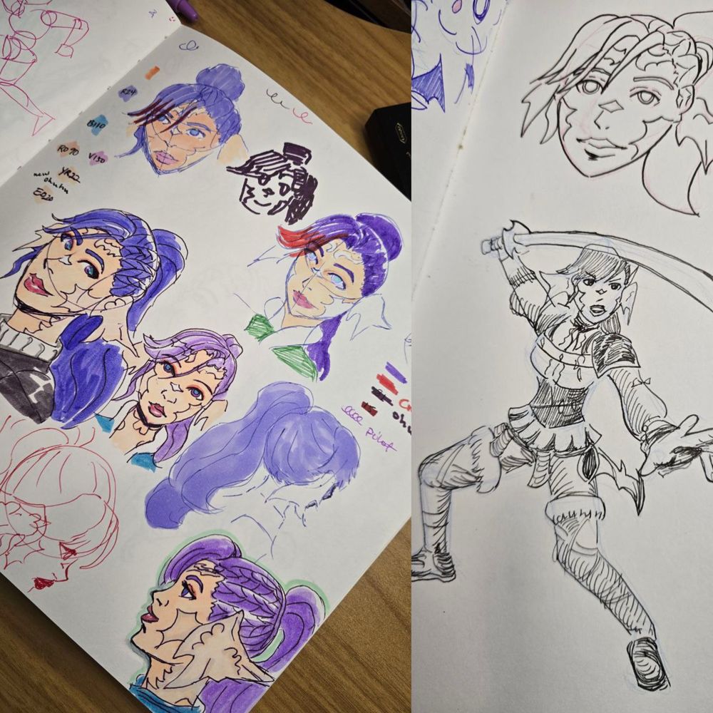 Sketchbook drawings of purple haired Lizard woman