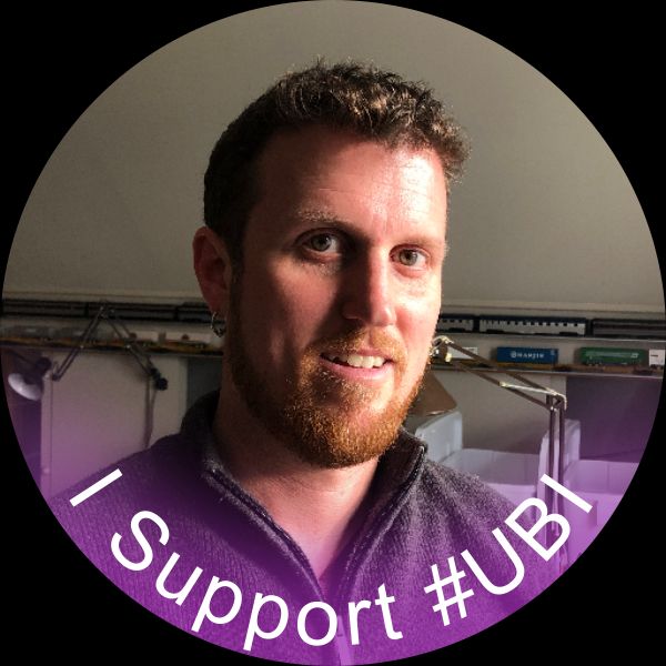 My handsome mug with a purple colorful gradient bur effect coming up from the bottom encapsulating the text "I Support #UBI"
