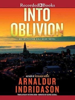 a shot over a city thats hidden in shadows. the background is the a slightly cloudy, golden sky. the text reads into oblivion by arnaldur indriðason. 