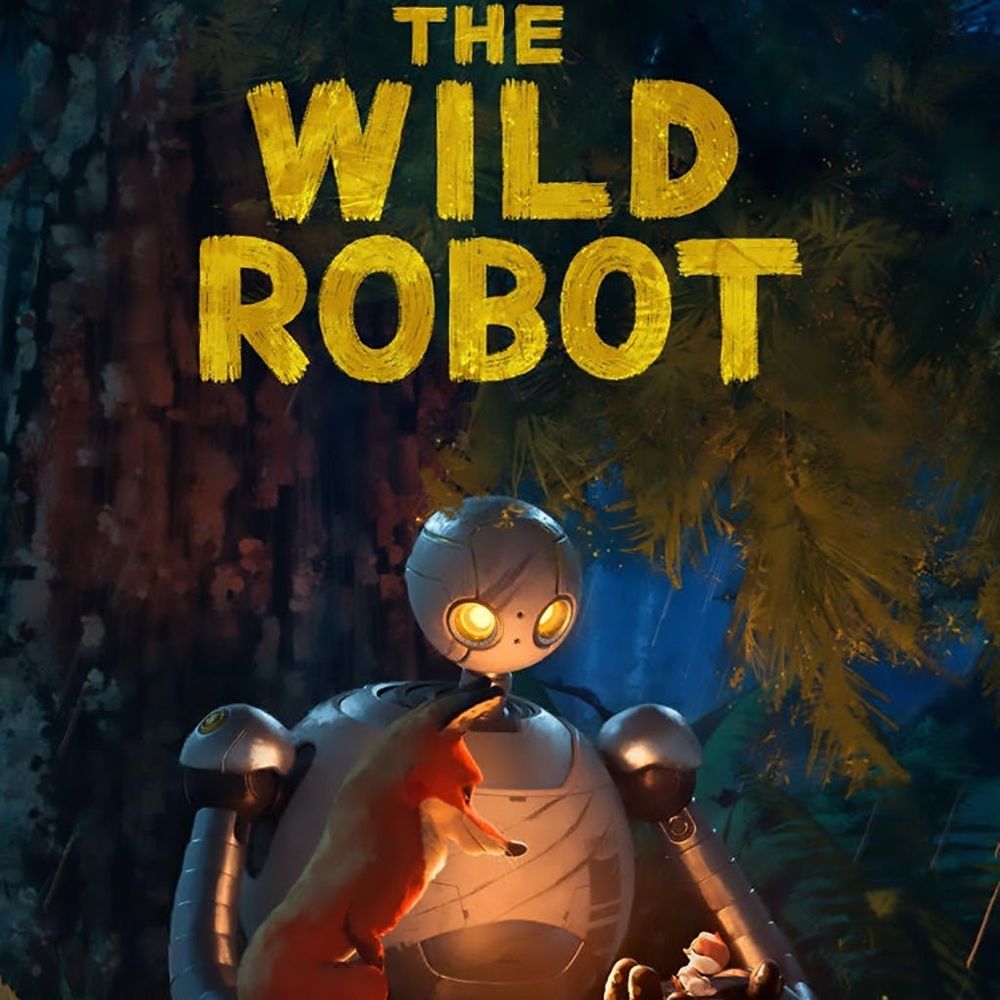 a robot with yellow glowing eyes and a fox looking at a baby bird in front of the fire. the title reads the wild robot by Peter Brown 