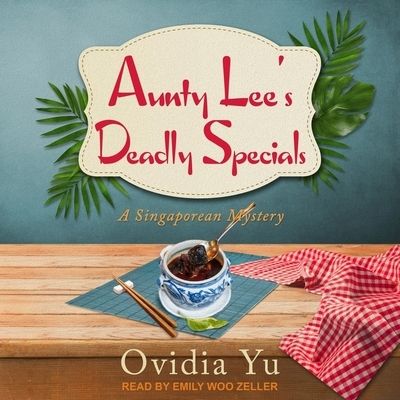 a designed bowl with tea and a spoon in it. a plaid placemat is below the bowl with a tea leaf and a pair of chopsticks on their chopsticks rest. there is a gingham tea towel beside it. the text reads aunty lee's deadly specials. 