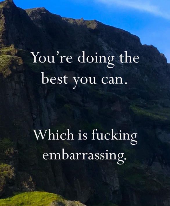 A demotivational poster that shows an Ireland cliff face and text that says You're doing the best you can. Which is fucking embarrassing.