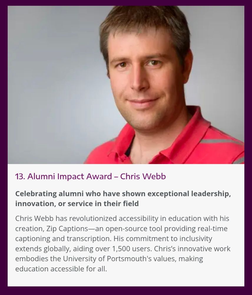 A screenshot of a photo of Chris along with a block of text describing the award. 