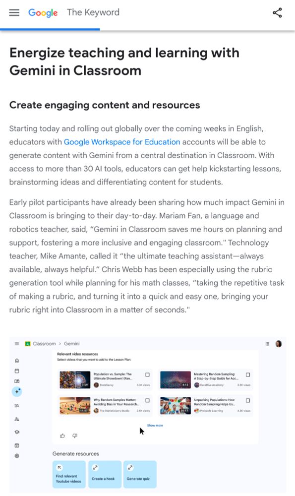 Gemini is available in classroom - a screenshot of the Google blog
