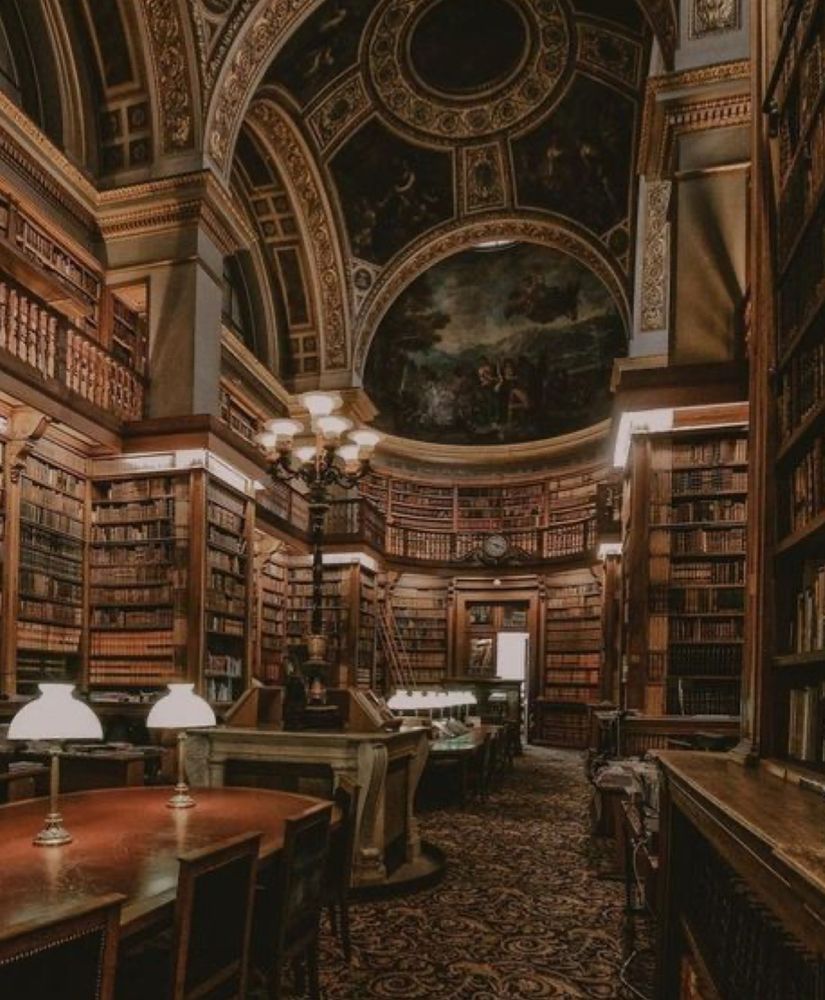 A large, warmly lit library. The room is open but full, with desks and shelves all around. It’s lit by small lamps on the tables and walls. There is a detailed pattern on the carpet below, and dramatic painting on the rounded ceilings. The photo is most brown, with yellow-ish white highlights.